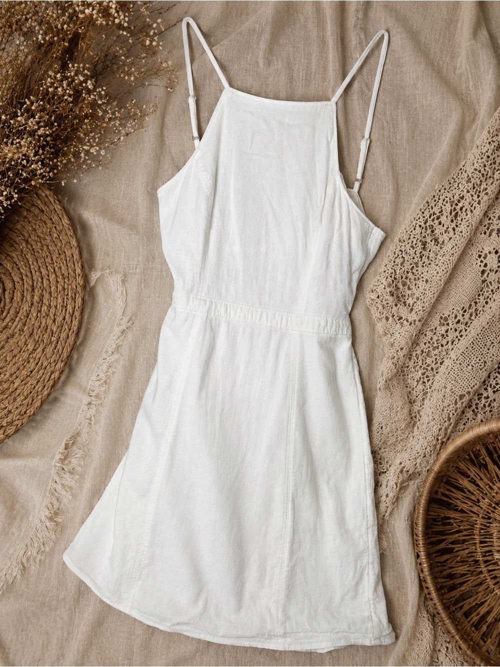 Hollister White Cotton Linen Mini Dress XS Boho Indie High Neck Spaghetti Strap